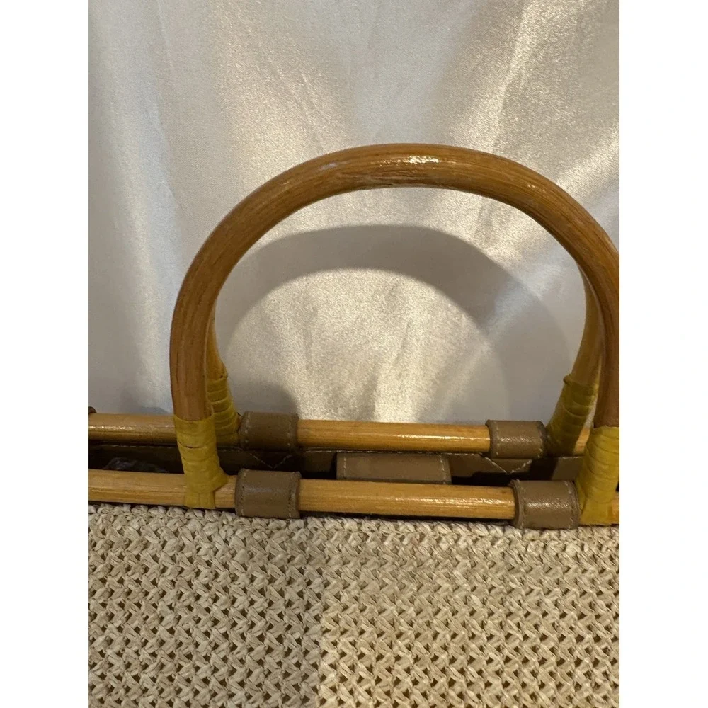 Vintage Fossil Woven Bamboo Wooden Handle Boho style Satchel Purse no strap - Picture 2 of 7